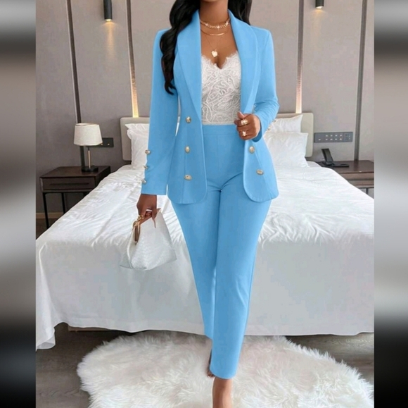 Women's Blue Blazer and Pants Set - Picture 2 of 6